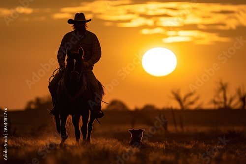 Cowboy on a horse during a sunset with a dog .Generative AI © gankevstock