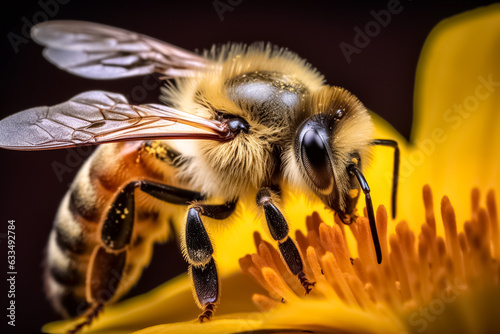 Bee and flower. Close up of a large striped bee collecting pollen on a yellow flower on a sunny bright day.   © BlazingDesigns