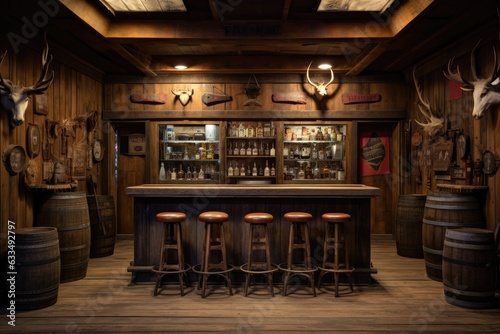 Rustic bar with a wooden interior and hunting trophies .Generative AI photo