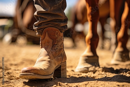 A cowboy boot on a dirt ground with horses in the background  .Generative AI