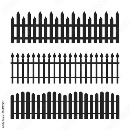 Garden fence icons set. Silhouette Black Fence element. Set of different wooden fences icon