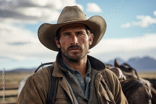 A cowboy on a horse in a desert landscape .Generative AI