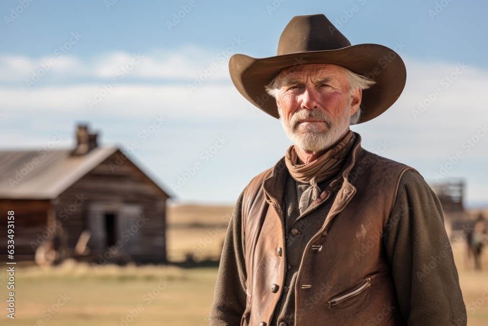a portrait of a cowboy in front of a farm with a windmill and a barn in a dry meadow .Generative AI a portrait of a cowboy in front of a farm with a windmill and a barn in a dry meadow .Generative AI