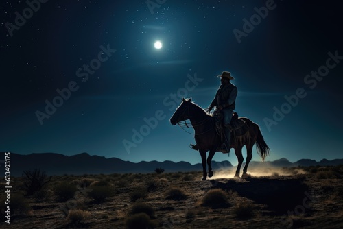 A cowboy on horseback riding into the night with a full moon .Generative AI © gankevstock