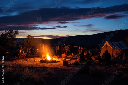 campfire with people and a tent at sunset. Generative AI