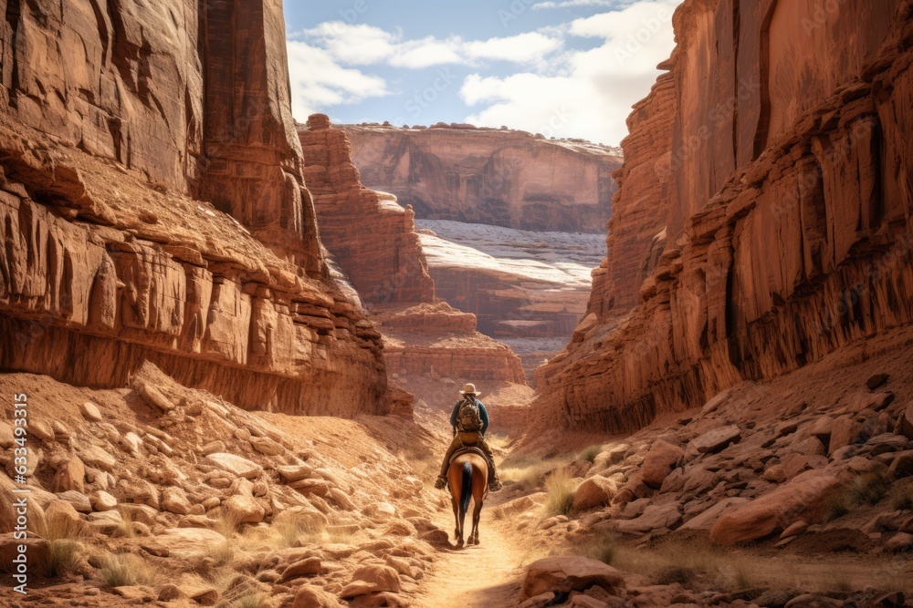 A cowboy riding a horse in a scenic canyon landscape. Generative AI