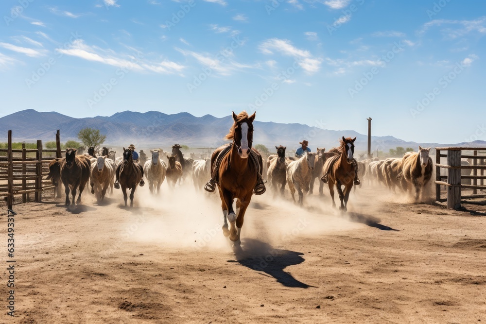 Horses and cowboys in action in a corral. Generative AI