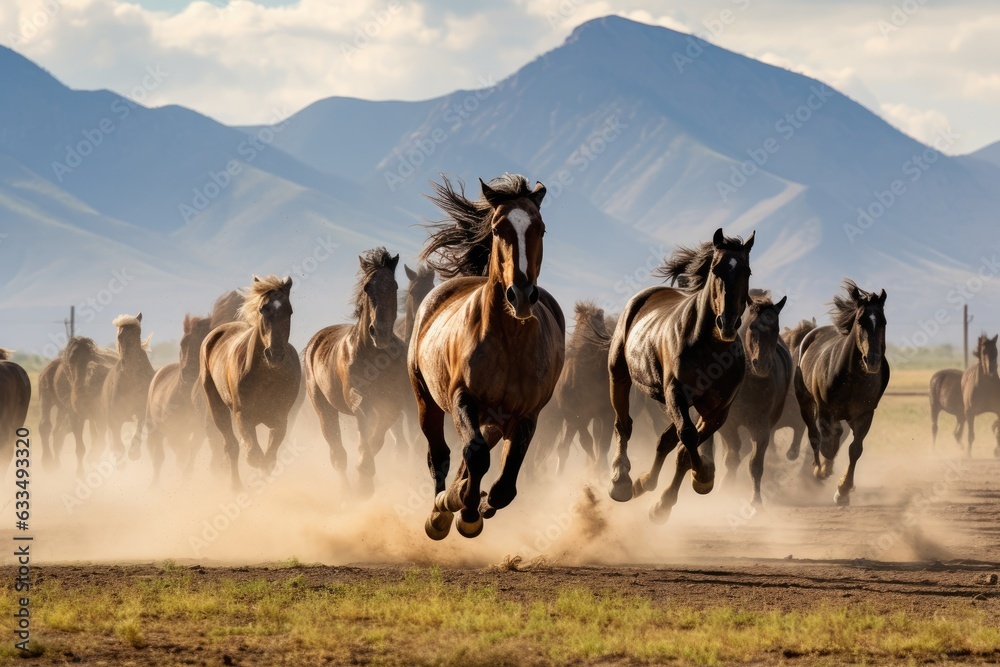 Obraz premium Horses running in a desert landscape with mountains and sky. Generative AI