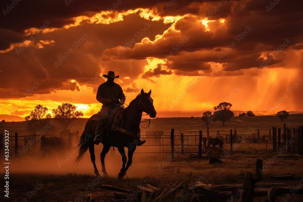 A cowboy on a horse in a ranch at sunset. Generative AI