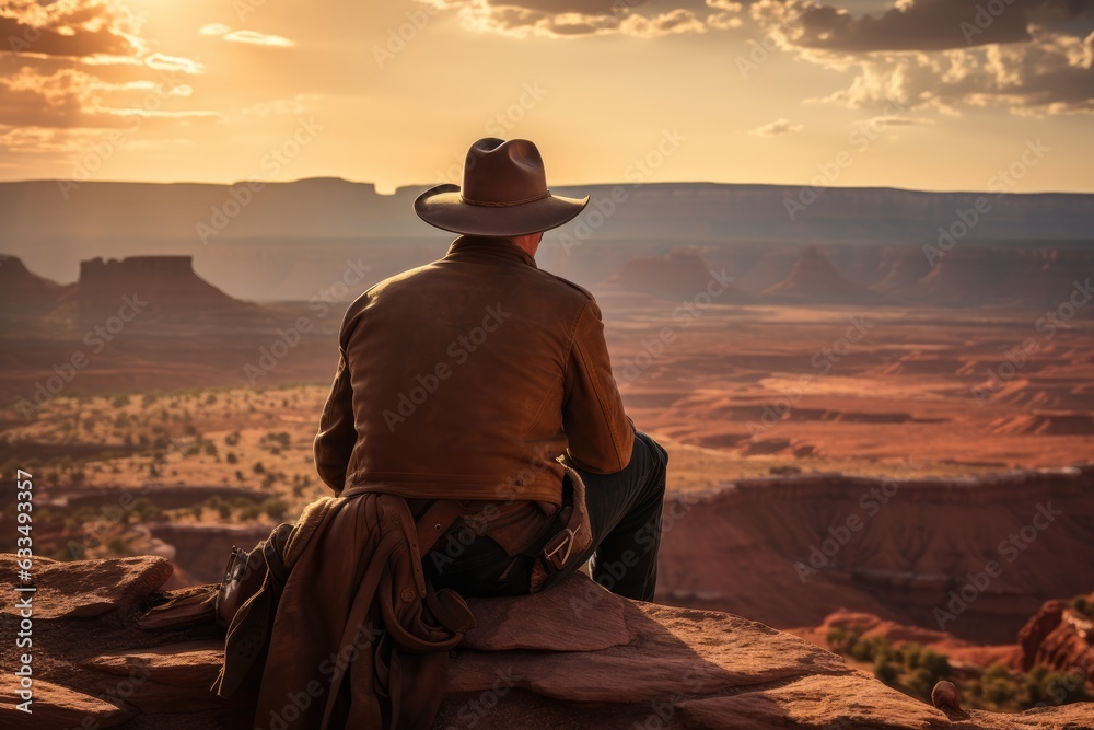 A cowboy sitting on a rock overlooking a canyon at sunset. Generative AI