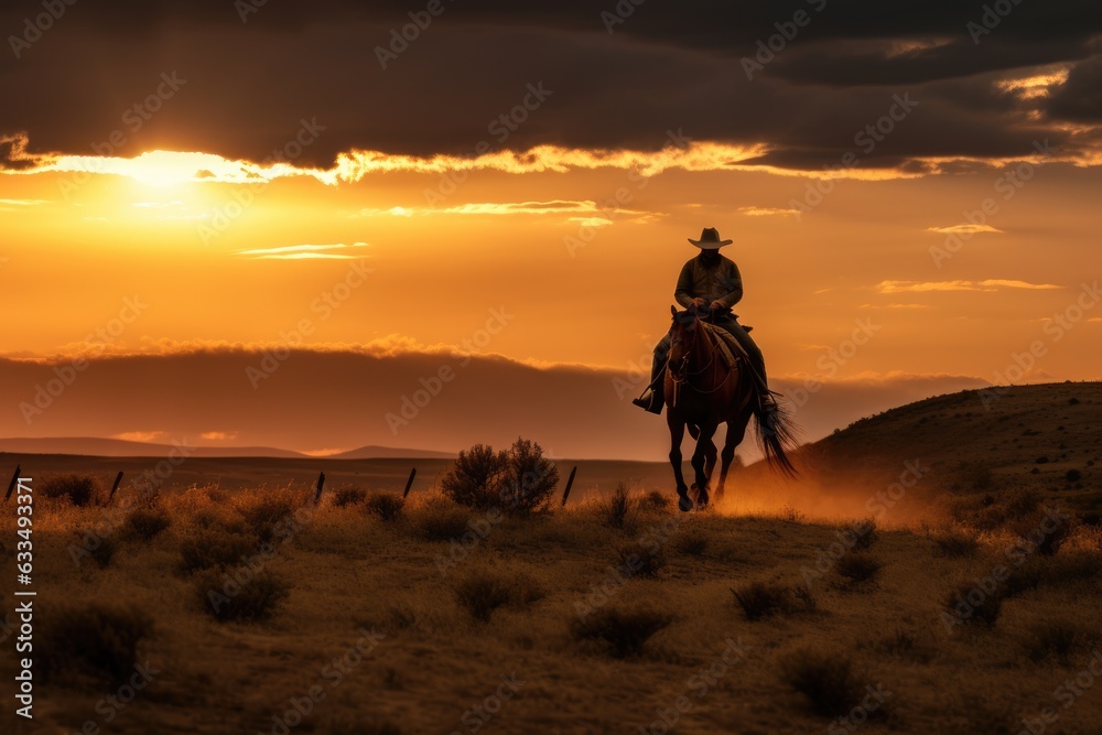 A cowboy on horseback riding into the sunset. Generative AI