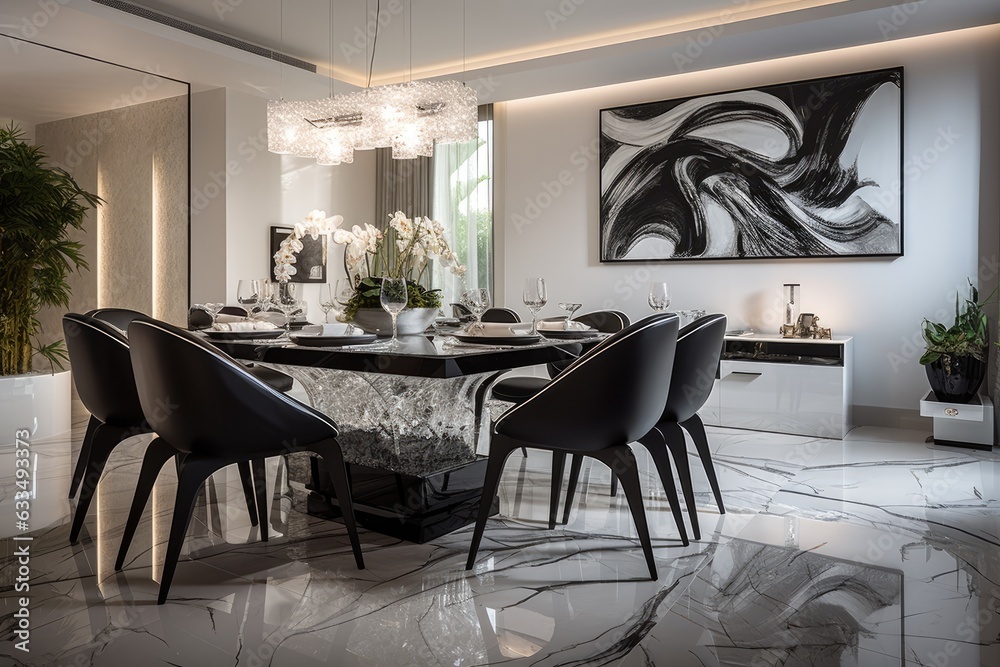 The dining room is sleek and elegant, adorned with marble tiles covering both the walls and the floor. The centerpiece of the room is a large and contemporary glass table, accompanied by two chairs. The dining room is sleek and elegant, adorned with marble tiles covering both the walls and the floor. The centerpiece of the room is a large and contemporary glass table, accompanied by two chairs.