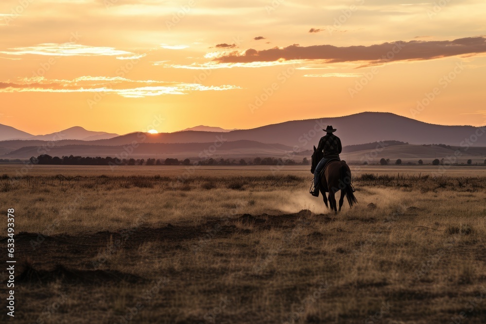 A cowboy on horseback galloping in a field at sunset. Generative AI