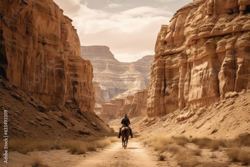 A cowboy riding a horse in a scenic canyon landscape. Generative AI