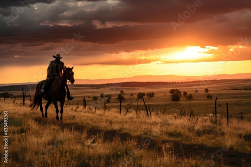 A cowboy on horseback galloping in a field at sunset. Generative AI