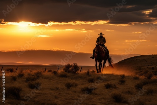 A cowboy on horseback riding into the sunset. Generative AI © gankevstock