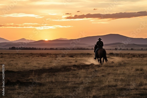 A cowboy on horseback galloping in a field at sunset. Generative AI © gankevstock