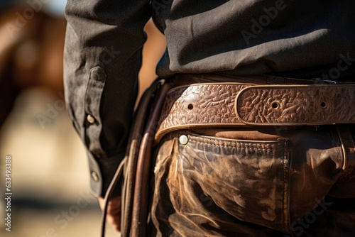 Close up of a leather cowboy belt .Generative AI