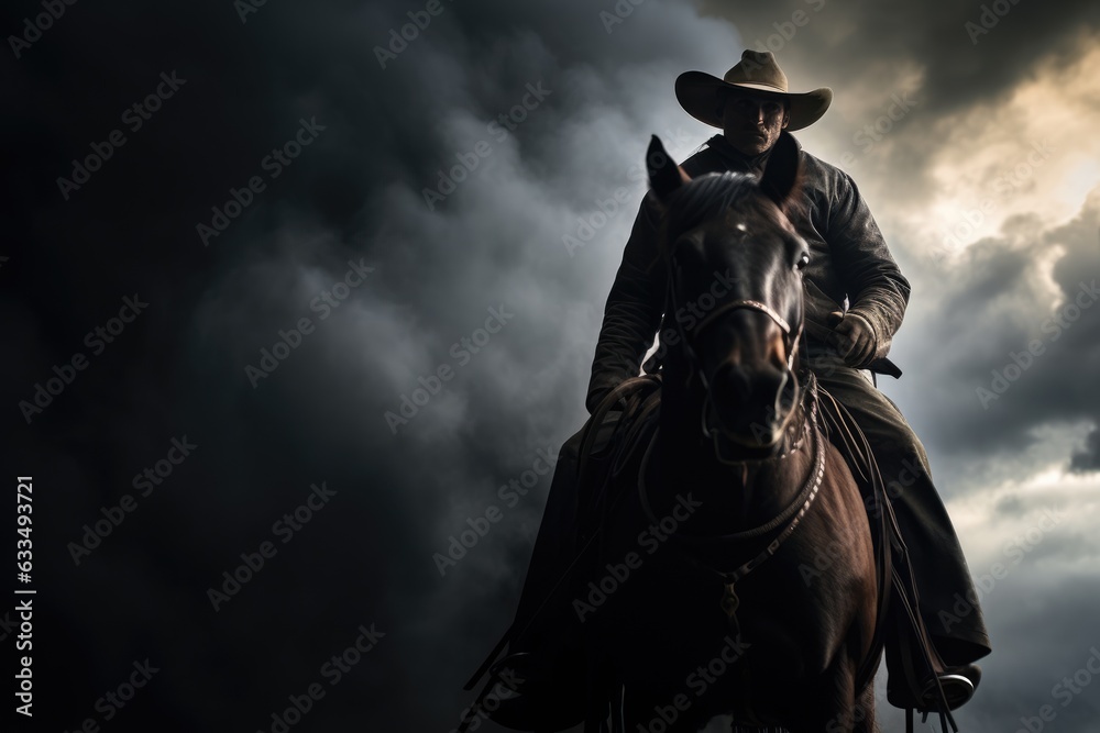 Fototapeta premium a cowboy on a dark horse, with a stormy sky behind him. The sun breaks through the clouds, creating a contrast between light and dark. Generative AI