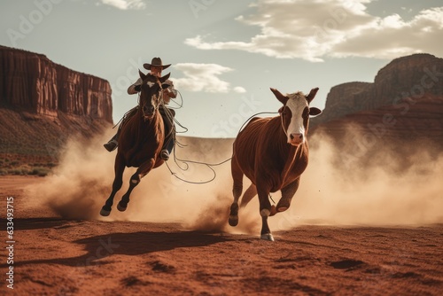 a cowboy on horseback chasing a runaway cow in the desert, with a stunning red rock formation and a clear blue sky in the background. Generative AI