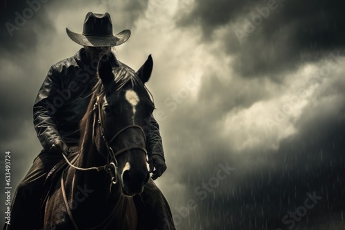 a cowboy on a black horse in a stormy setting, with rain and clouds in the background. Generative AI