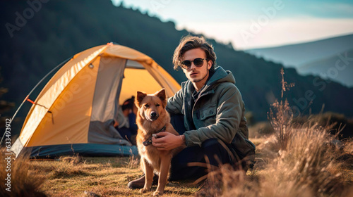 Cool guy tourist in sunglasses sits near a tent in a camp with a dog. Camping in the nature. Travel adventure tourism concept. #633493912