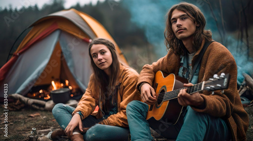 Couple young woman and man tourists. Guy plays guitar music and sings song near a tent in a camping. Travel adventure tourism and freedom concept.