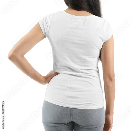 Young woman in t-shirt on white background, back view