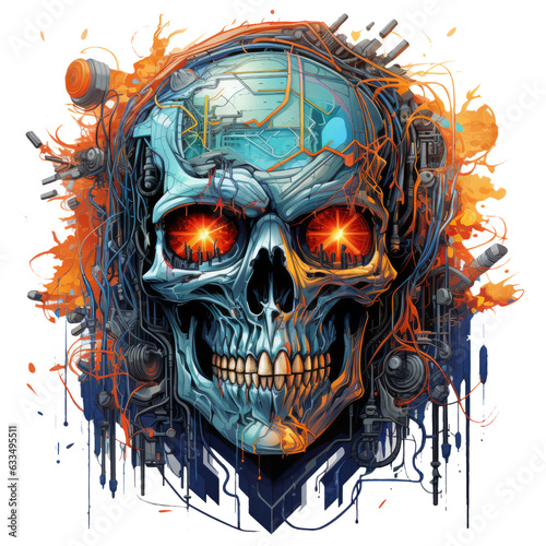 An ethnic skull head graphic t-shirt design representing a cybernetic and futuristic skull, Generative Ai