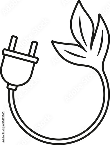Eco friendly energy icon. Power plug and leaves. Vector. Line style.	