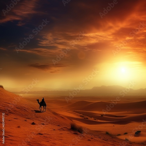 A silhouette of an Arab man or bedouin in the desert at sunset with camels. (Generative AI) © HandmadePictures