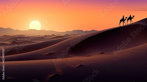 An Arab man  bedouin  or silhouette at sunset with camels in the desert.  Generative AI 