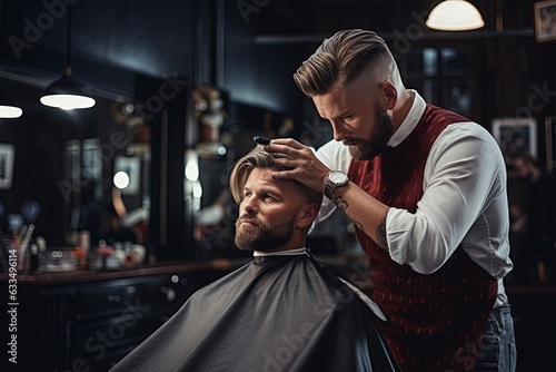 A barber trimming a customer's hair.