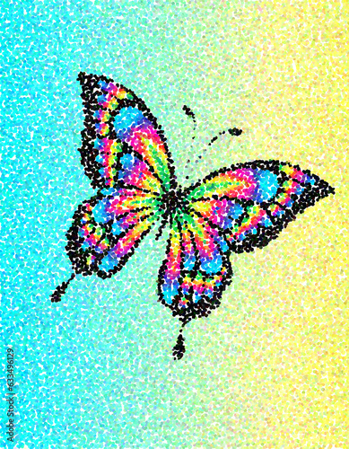 Digital illustration with a colorful tropical butterfly on an ocean background in a pointillist style. Abstract impressionist artwork, pointillist painting with Machaon butterfly.
