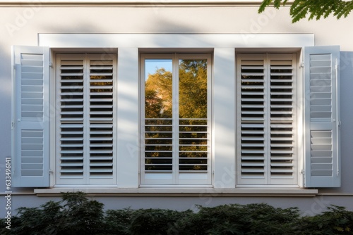 Modern house windows with external roller blinds and shutters.