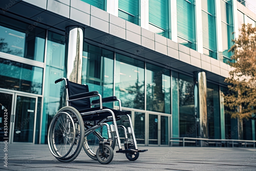 A wheelchair against the backdrop of a hospital's modern architecture. A wheelchair against the backdrop of a hospital's modern architecture.
