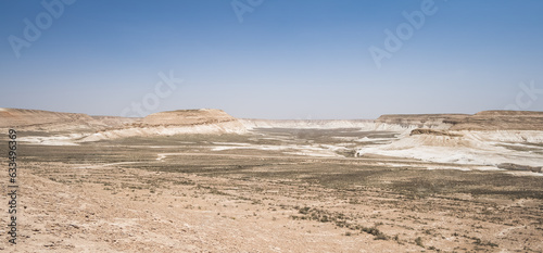Panorama of the layered ridges and slopes of the Ustyurt plateau in Mangistau, the panorama of the Kazakh desert
