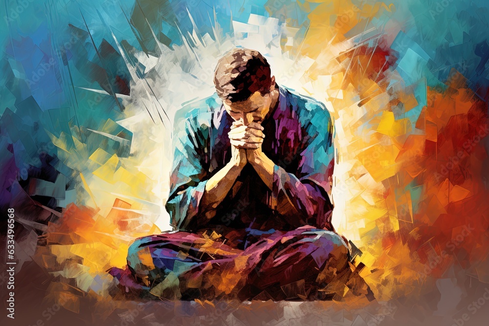 Fototapeta premium Colorful painting art of a man praying and worshiping.