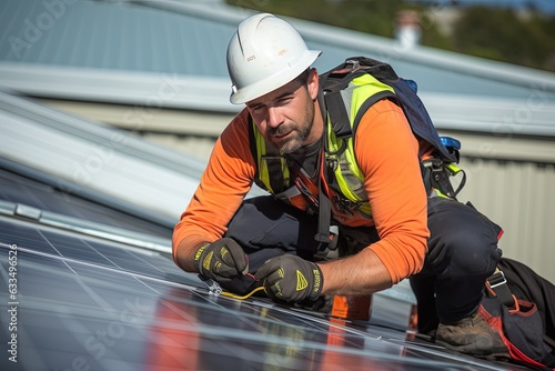 Construction worker installing solar panels on a roof. 