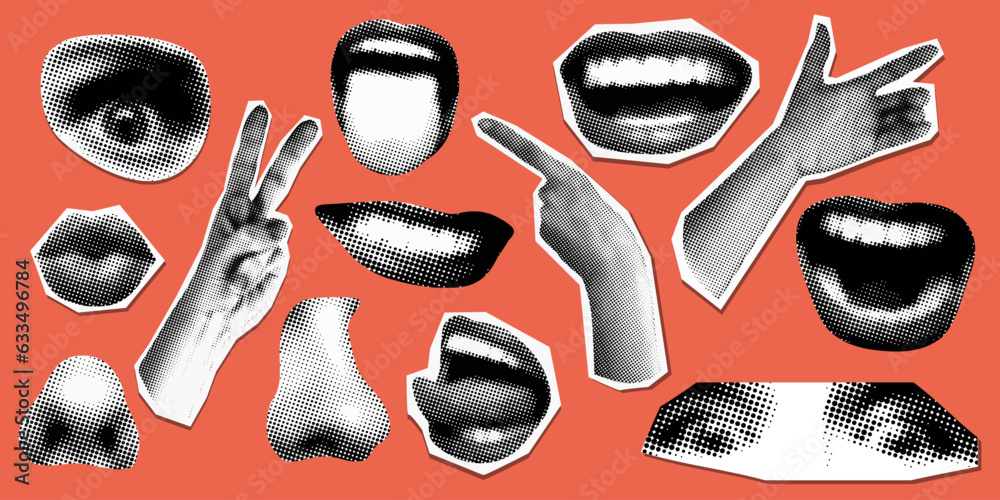 Set of retro halftone parts of body. Paper cutout elements with lips, nose, eyes, hands. Y2K style. Trendy vintage newspaper parts. Torn paper. Halftone collage elements. Screaming, kissing mouth - obrazy, fototapety, plakaty 