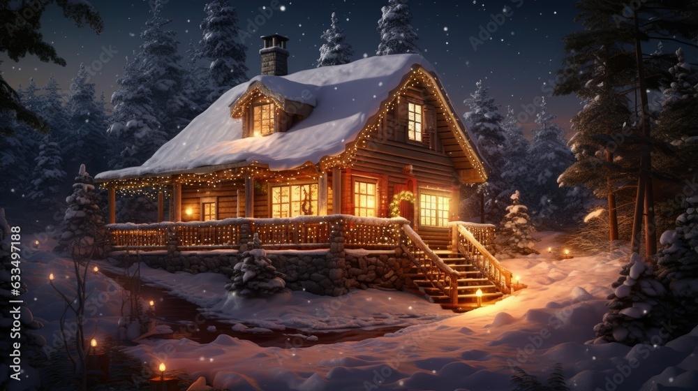 Cozy Cabin in the Snowy Forest. Generative AI