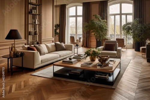 A contemporary living room featuring parquet flooring and sleek furnishings.