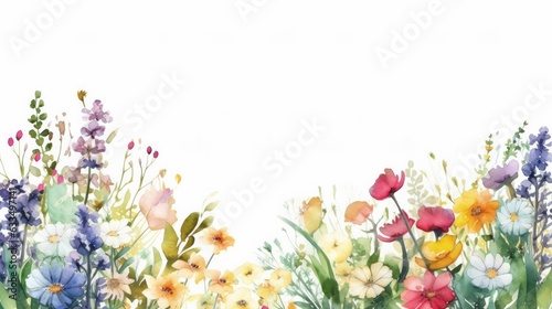Watercolor illustration, greeting card design, border of colorful wildflowers, frame of field meadow flowers on a white background. Copy space. AI generated