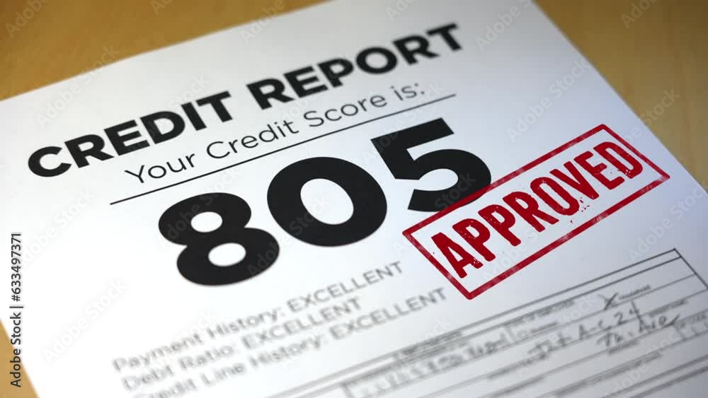 A closeup view of a credit score loan application getting approved. Data on form is fictional.  	 	