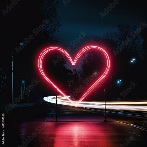 Neon Heart on the Road at Night. Generative AI