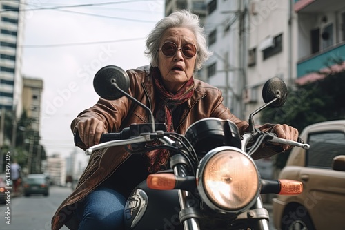 Elderly woman with a fearful look faces the city traffic on her motorbike.