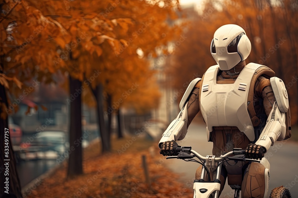 Humanoid robot rides a bicycle along the autumn alley. Humanoid robot rides a bicycle along the autumn alley.