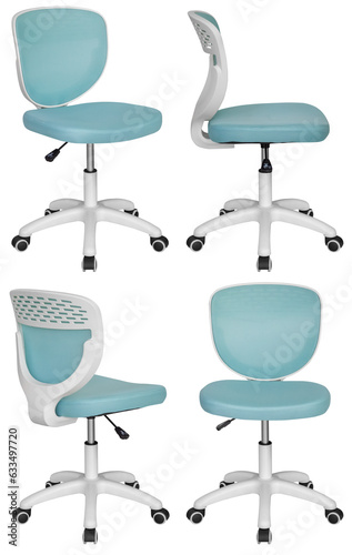 Modern office computer chair. With mesh back and adjustable. Interior element. Isolated from the background. From different angles