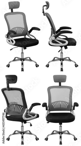 Modern office computer chair. With mesh back and adjustable. Interior element. Isolated from the background. From different angles