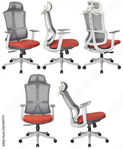 Modern office computer chair. With mesh back and adjustable. Interior element. Isolated from the background. From different angles